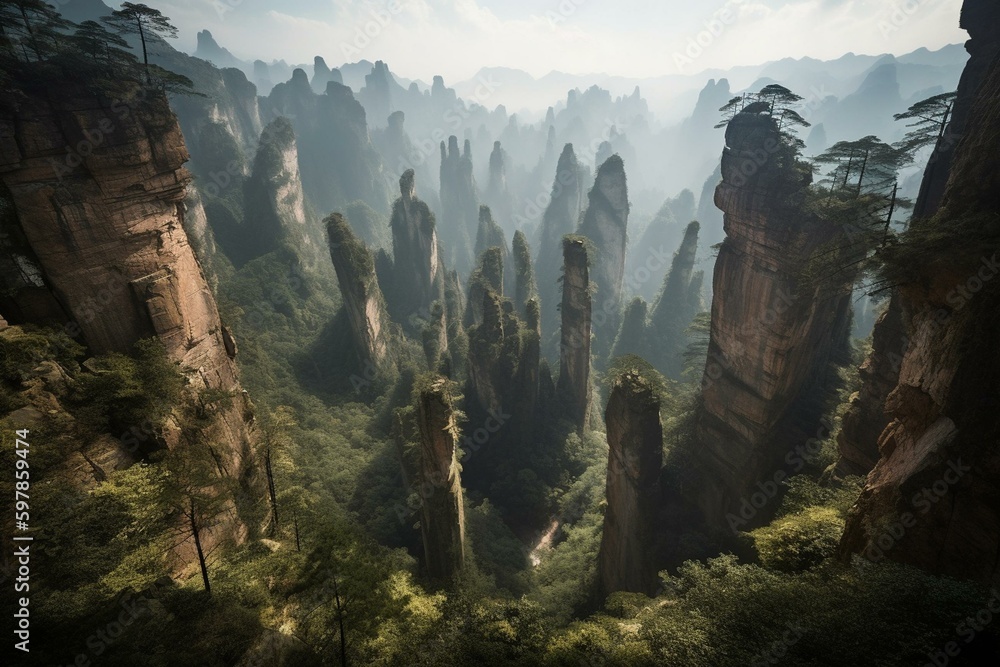 Fototapeta premium Zhangjiajie's sandstone peaks resembling the Avatar movie scenery in Hunan, China. Generative AI