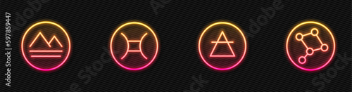 Set line Air element, Earth, Gemini zodiac and Great Bear constellation. Glowing neon icon. Vector