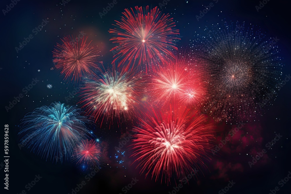 Celebrate the New Year with a Patriotic Firework Display: A Night of Pyrotechnic Explosions in the Sky. Generative AI