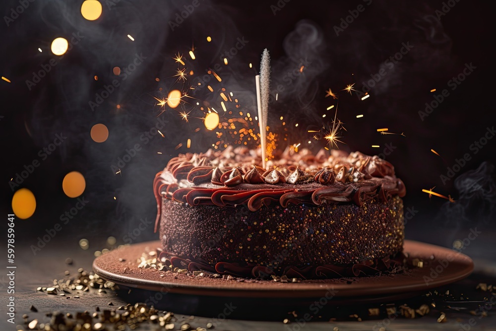 Fototapeta premium Celebrate in Style: Fancy Birthday Cake with Sparkler, Chocolate Icing & Edible Candy Beads. Generative AI