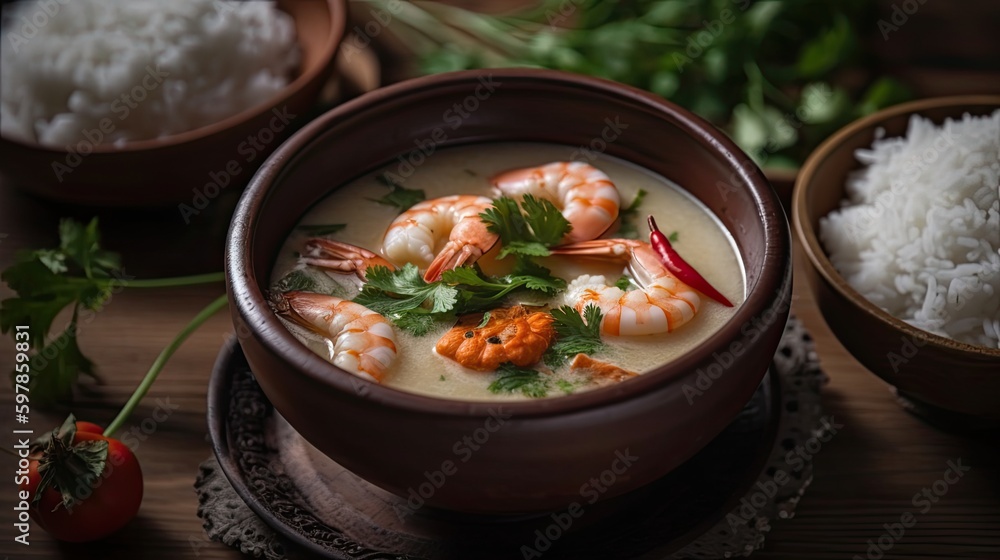 Delicious Peruvian Cuisine: Chupe de Camarones with Shrimp, Fish, Rice, and Potato: Generative AI Delicious Peruvian Cuisine: Chupe de Camarones with Shrimp, Fish, Rice, and Potato: Generative AI
