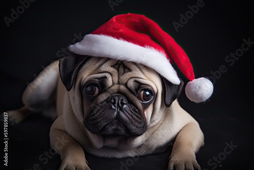 Delightful Pug Celebrates Christmas in Adorable Santa Hat: Generative AI