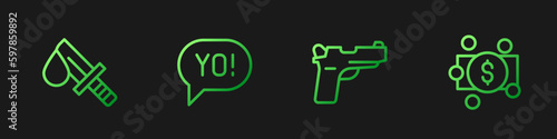 Set line Pistol or gun, Bloody knife, Yo slang lettering and Stacks paper money cash. Gradient color icons. Vector