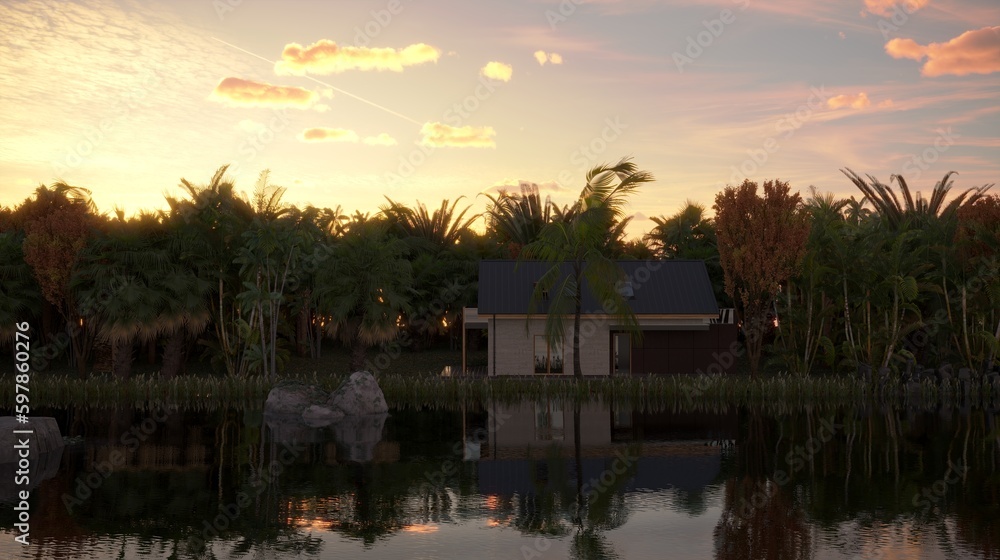 house in the jungle on the river bank, 3D illustration, cg render