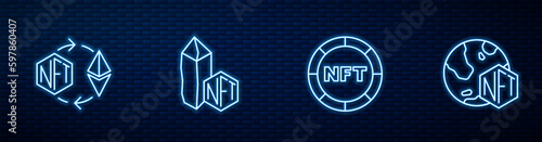 Set line NFT Digital crypto art, Ethereum exchange, and . Glowing neon icon on brick wall. Vector