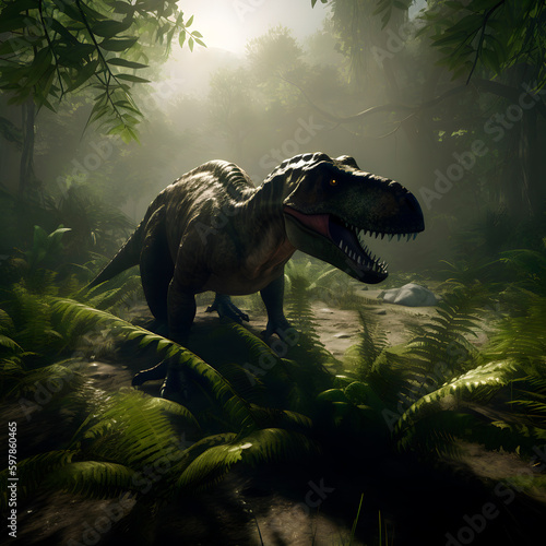Dinosaur  Tyrannosaurus Rex in the jungle created with Generative AI technology.