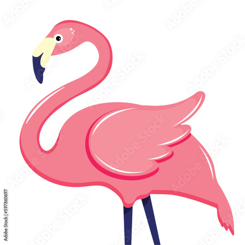 Pink flamingo vector illustration. Cute and beautiful flat pink flamingo on white background, summer design for print, kids drawing, design for t-shirt, poster, banner, design for fabric and textile