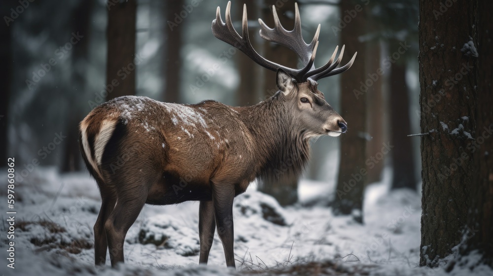 Illustration of a majestic deer in a snow forest. Generative AI. Illustration of a majestic deer in a snow forest. Generative AI.