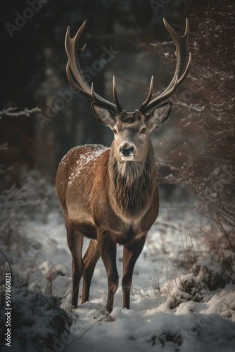 Illustration of a majestic deer in a snow forest. Generative AI. © Tuyres