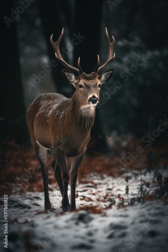 Illustration of a majestic deer in a snow forest. Generative AI. © Tuyres