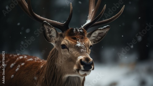 Illustration of a majestic deer in a snow forest. Generative AI.