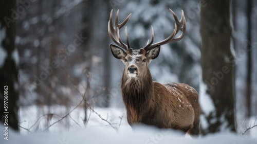 Illustration of a majestic deer in a snow forest. Generative AI.