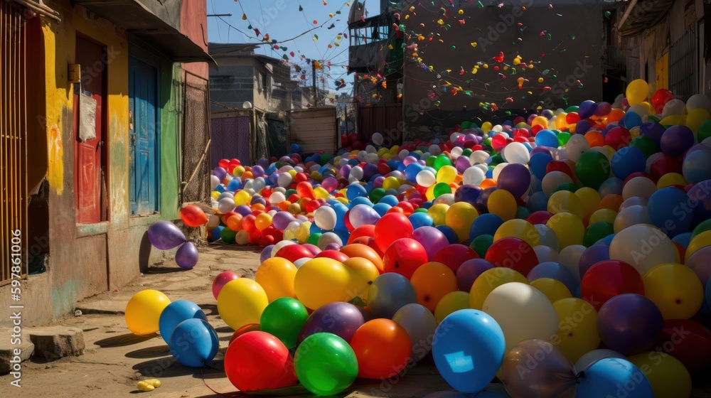Playful bouncing balls installation on urban street. Generative AI 