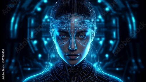 Face, portrait of artificial intelligence (AI). Female robot, humanoid, cyborg. Symbol image. Generative AI © Eugen