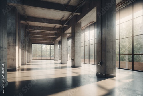 Spacious, contemporary concrete space with natural light, rough floors, and wall pillars - ideal for industrial-themed backgrounds. Generative AI © Lirien