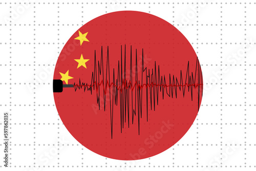 Earthquake in China concept, seismic wave with flag, natural disasters news banner