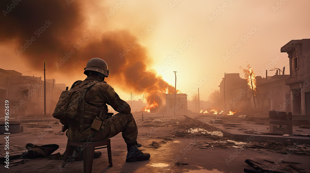 generative ai illustration of a soldier sitting on a chair in the middle of a burning city generative ai illustration of a soldier sitting on a chair in the middle of a burning city