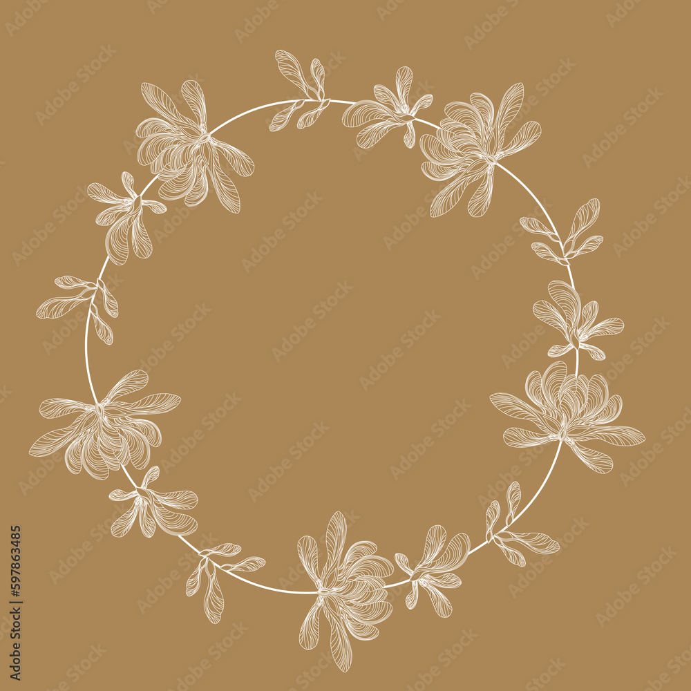 Beautiful white horizontal composition of maple branch on a natural background. Ethnic floral motif made from natural elements.  