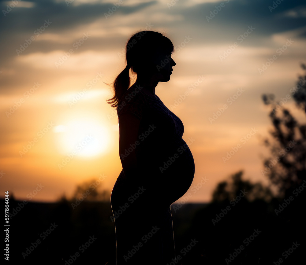 Pregnant woman silhouette with sunset background