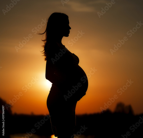 Pregnant woman silhouette with sunset background