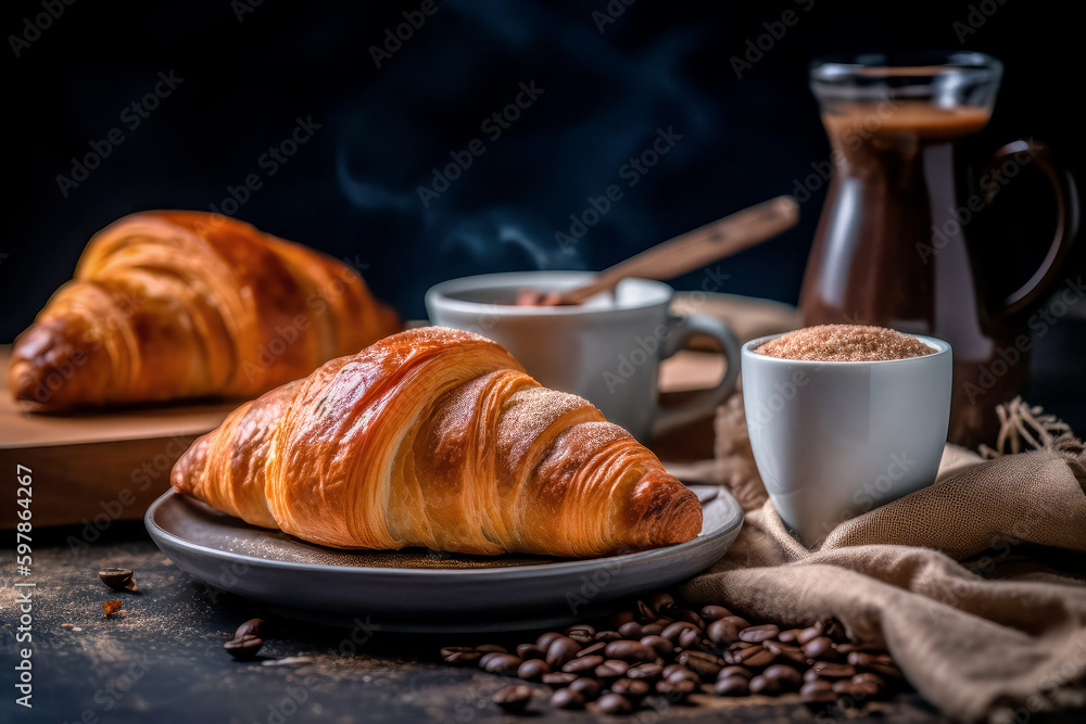 Breakfast with coffee and croissants on dark rustic background, Generative AI