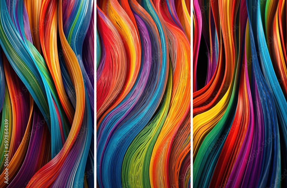 Smooth elegant wavy rainbow colorful satin luxury cloth fabric texture, abstract background design. AI generative illustration.
