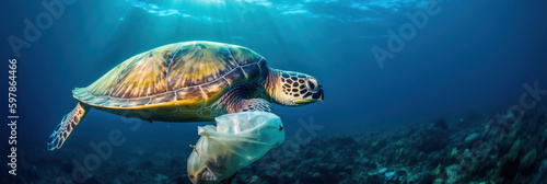 Underwater turtle in blue ocean with plastic bag. AI generative illustration.