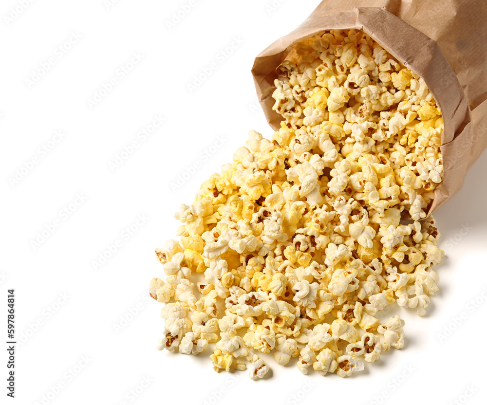 Paper bag with crispy popcorn on white background Paper bag with crispy popcorn on white background