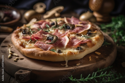 Traditional Italian Pizza with Prosciutto and Funghi, ai generated