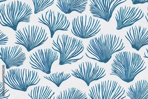 Blue scallop seaweed block print on a soft white linen texture background. bright summer cloth fabric. Fresh coastal cottage beach decor. marine kelp hand drawn linocut. Generative AI