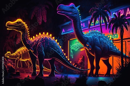 Electric Horizon - Dancing the Night Away among Neon Dinosaurs. Generative AI © MUNUGet Ewa