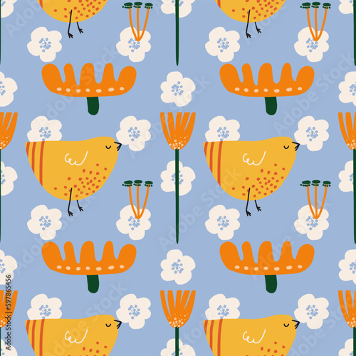 Seamless pattern with hand drawn yellow birds or hens on blue background. Texture for fabric, wallpaper, textile, apparel, wrapping paper, banner, print, card, gift, fabric, advertising, fabric