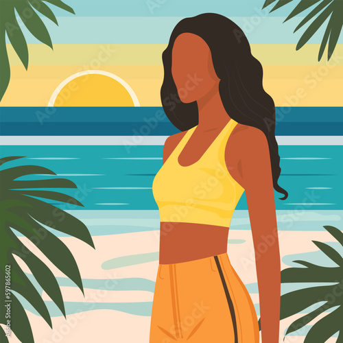 Vector illustration in a flat style. A slender African girl with a naked flat stomach, long hair, in a short top and shorts is resting on an exotic island. Open the summer season. 