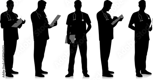 Silhouette of healthcare worker. Doctor with a stethoscope and clipboard. Male nurse in uniform. Vector flat style illustration set isolated on white. Full length view	