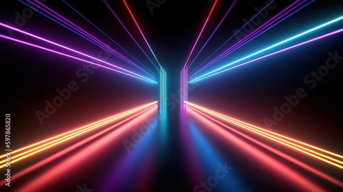 Abstract background of colorful neon tunnel / portal glowing in the dark. Modern simple wallpaper, render 3D. Generative AI. 