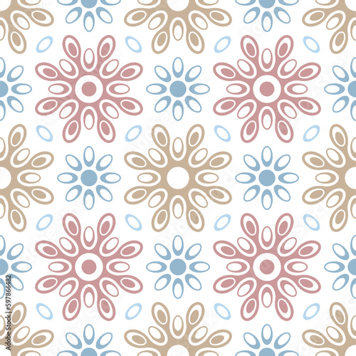 Seamless floral pattern with abstract geometric pink, blue, and brown flowers on a white background. Elegant and feminine retro style. Decorative vector image for textile, packaging, and wrapping.