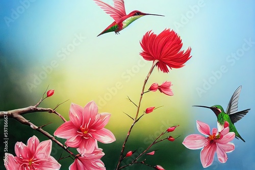 Summer, spring bright sunny background, a hummingbird bird flies, branches of a tree blooming with red flowers, sky, large brush strokes, oil. Generative AI