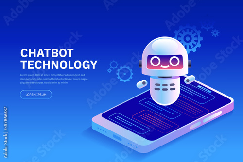 Chatbot technology Cute cartoon robot AI content generator Technology and engineering AI chat bot based on artificial intelligence and neural networks Online training Vector isometric illustration