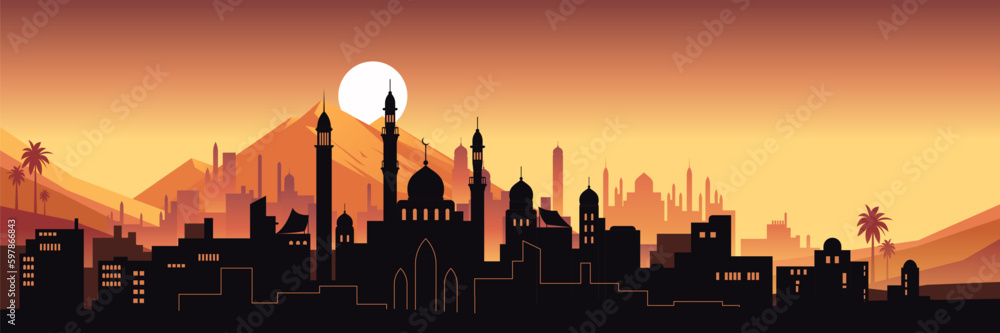 Night city buildings. Mosque and house silhouettes. Old arabian cityscape. Sunset town scenery. Sundown mountains. Arab evening. Scenic sky. Vector urban panorama background illustration