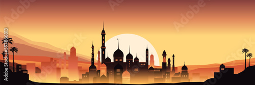 Night city buildings. Mosque and house silhouettes. Old arabian cityscape. Sunset town scenery. Sundown mountains. Arab evening. Scenic sky. Vector urban panorama background illustration