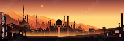 Night city buildings. Mosque and house silhouettes. Old arabian cityscape. Sunset town scenery. Sundown mountains. Arab evening. Scenic sky. Vector urban panorama background illustration