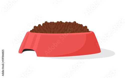 Dog food in red bowl in flat illustration. Dry food bowl for pets isolated on white background. Vector illustration
