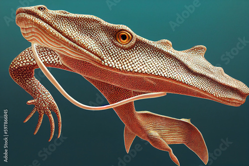 Tiktaalik, extinct transitional species between fish and legged animals. Generative AI