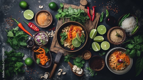 Asian food background with various ingredients on rustic stone background , top view. Vietnam or Thai cuisine Generative AI