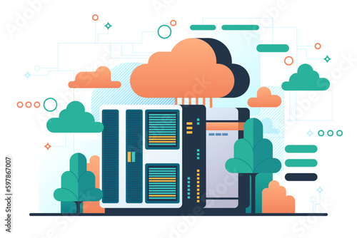 Hosting, cloud storage download flat vector illustration. Big data. Digital service or app with data transfering. Online computing technology. Server center and datacenter network