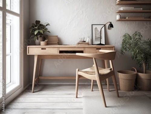 A wooden desk with a built-in shelf and drawer, perfect for a modern home office