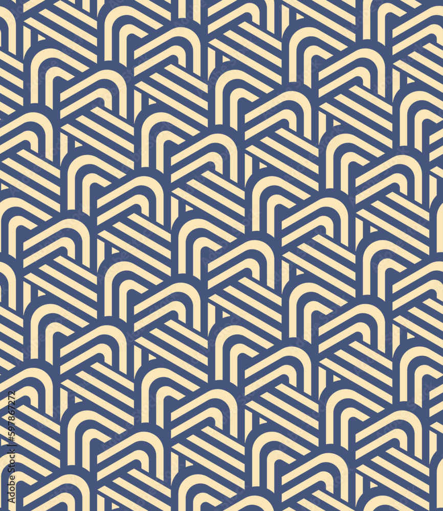 Knotted diagonal blue and white lines. Modern abstract design. Elegant Japanese style. Seamless striped geometric pattern. Ornamental monochrome illustration for fabric, wrapping, print, and web.