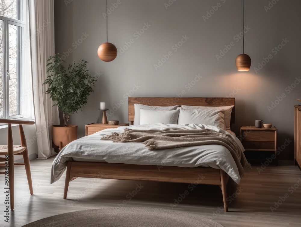 A wooden bed frame with a simple and elegant design, paired with crisp white bedding and minimalist decor A wooden bed frame with a simple and elegant design, paired with crisp white bedding and minimalist decor