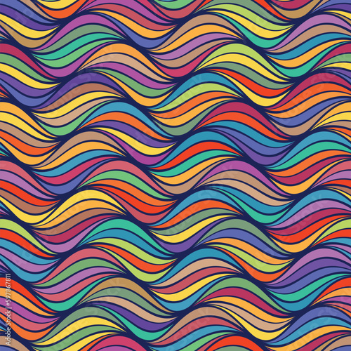 Seamless abstract waves pattern. Multicolored wavy lines in purple, green, yellow, and blue on a black background. Retro-style textile texture. Decorative vector illustration.