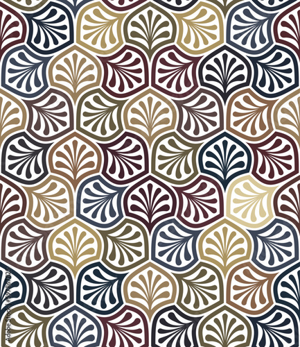 Vector illustration with curved multicolored geometric shapes and ornamental floral elements in art nouveau style. Seamless abstract pattern. To be used as a decorative background or textile texture.